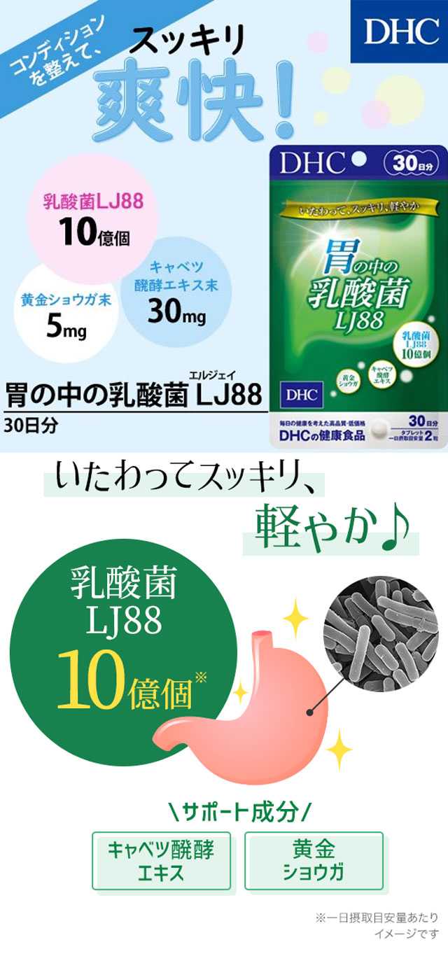 DHC LJ88 Lactic Acid Bacteria capsules, featuring 1 billion LJ88 bacteria and fermented cabbage extract for stomach protection and improved digestion.