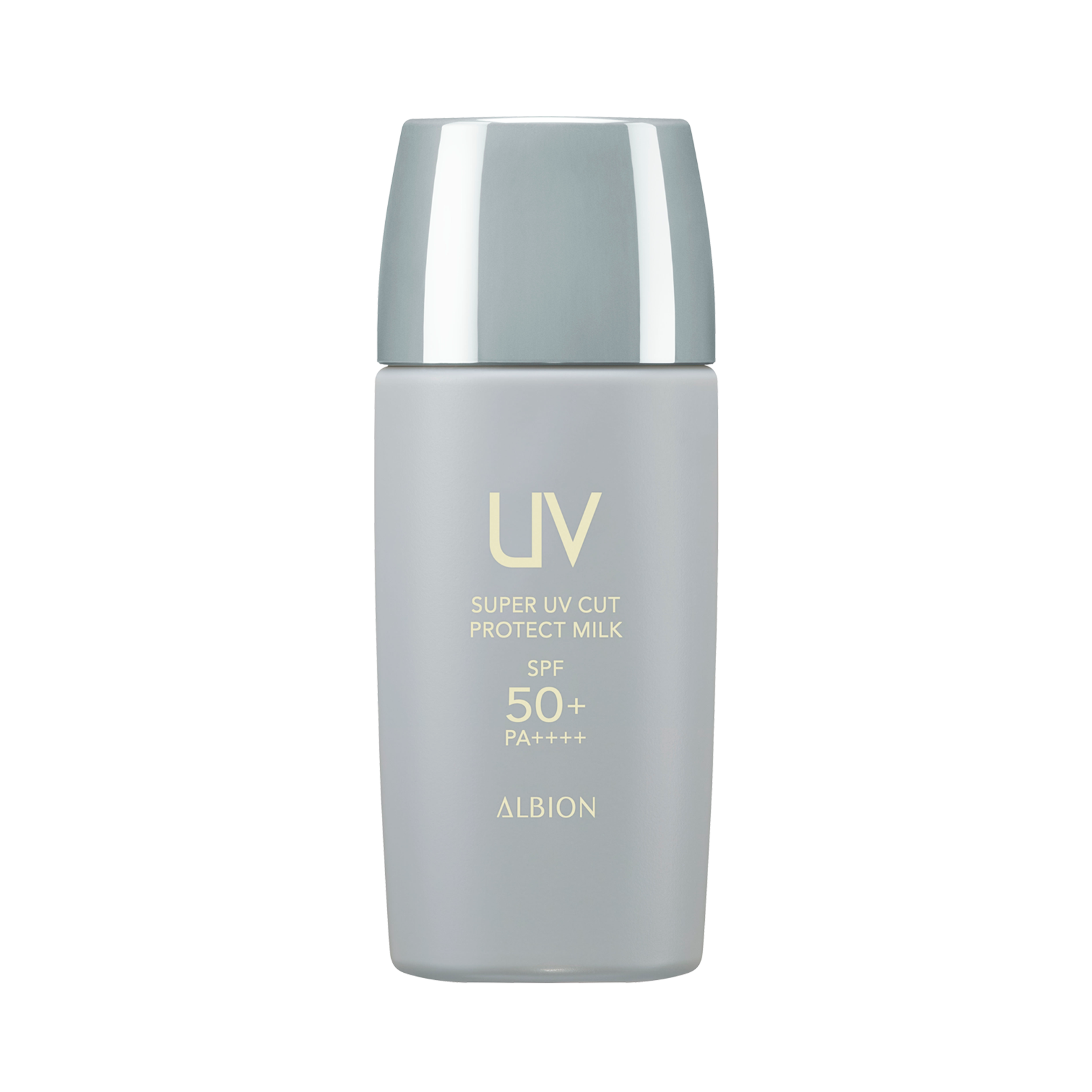 ALBION Super UV Cut Protect Milk 40ml bottle with sleek silver cap and SPF 50+ PA++++, ideal for daily sun protection