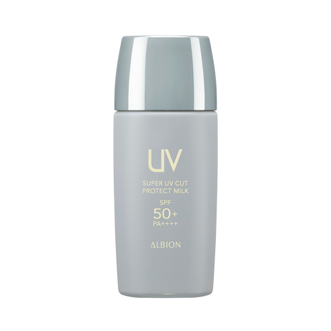 ALBION Super UV Cut Protect Milk 40ml bottle with sleek silver cap and SPF 50+ PA++++, ideal for daily sun protection