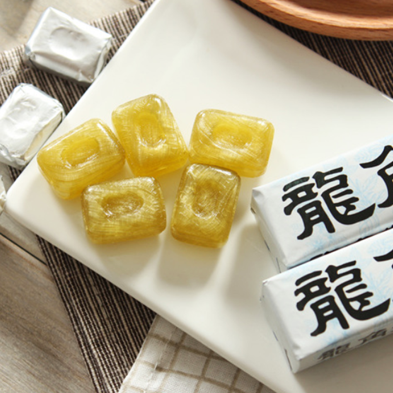 Close-up of Dragon Horn Powder Peppermint Lozenges candies on a plate