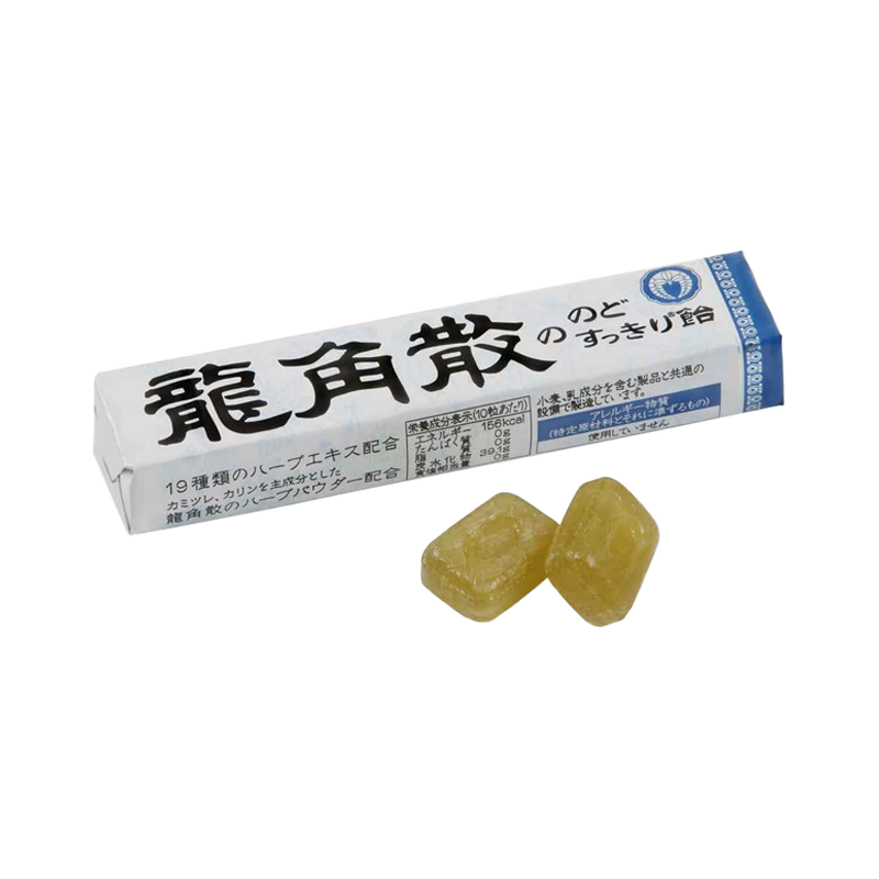 Open pack of Dragon Horn Powder Peppermint Lozenges with two candies displayed