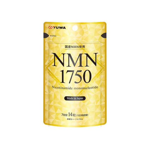 Front view of YUWA High-Purity NMN 1750 Anti-Aging Supplement, 7-day supply with 14 capsules in bright yellow packaging, made in Japan