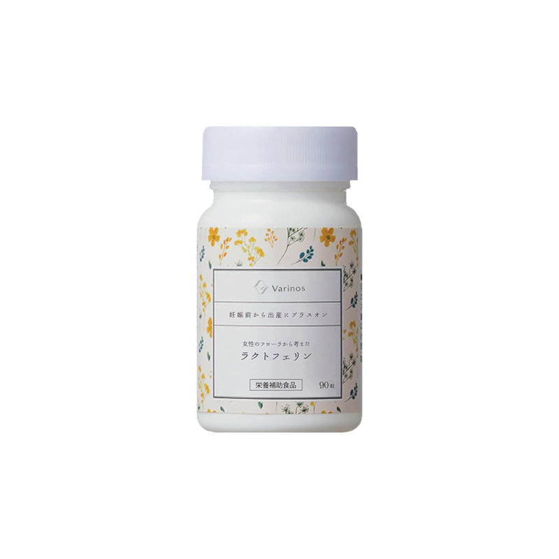 Front of Varinos Lactoferrin Supplement Bottle - 90 Capsules for prenatal and postnatal care, promoting uterine flora and immune health