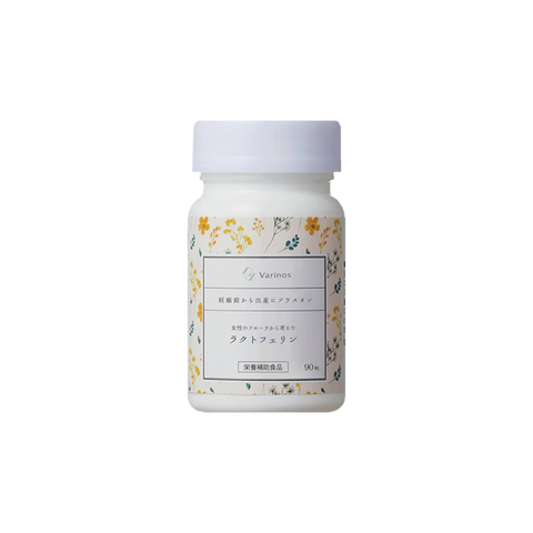 Front of Varinos Lactoferrin Supplement Bottle - 90 Capsules for prenatal and postnatal care, promoting uterine flora and immune health